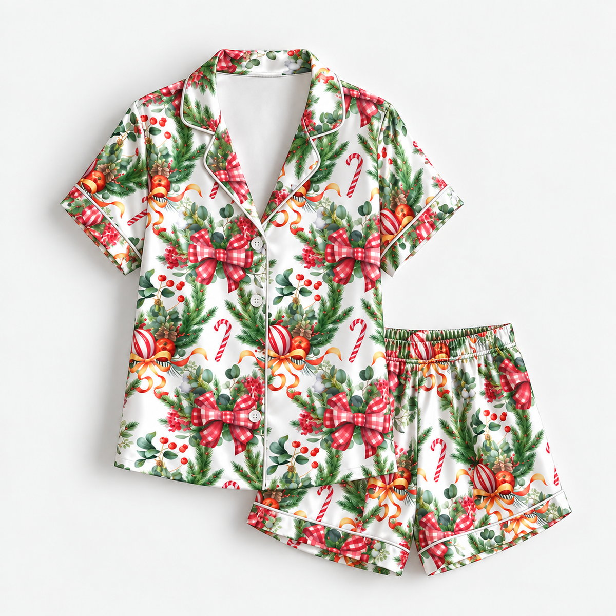 PJ-M2177-Christmas Bow Satin Pajama Set, Candy Cane Holly Pine Ornament Festive Holiday Sleepwear