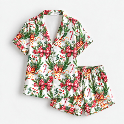PJ-M2177-Christmas Bow Satin Pajama Set, Candy Cane Holly Pine Ornament Festive Holiday Sleepwear