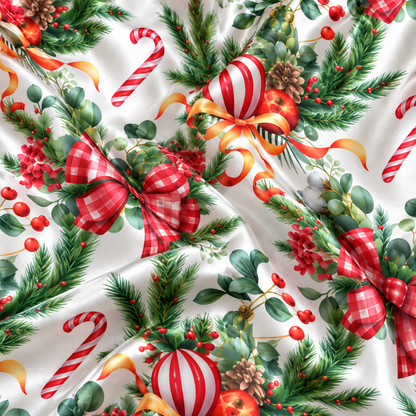 PJ-M2177-Christmas Bow Satin Pajama Set, Candy Cane Holly Pine Ornament Festive Holiday Sleepwear