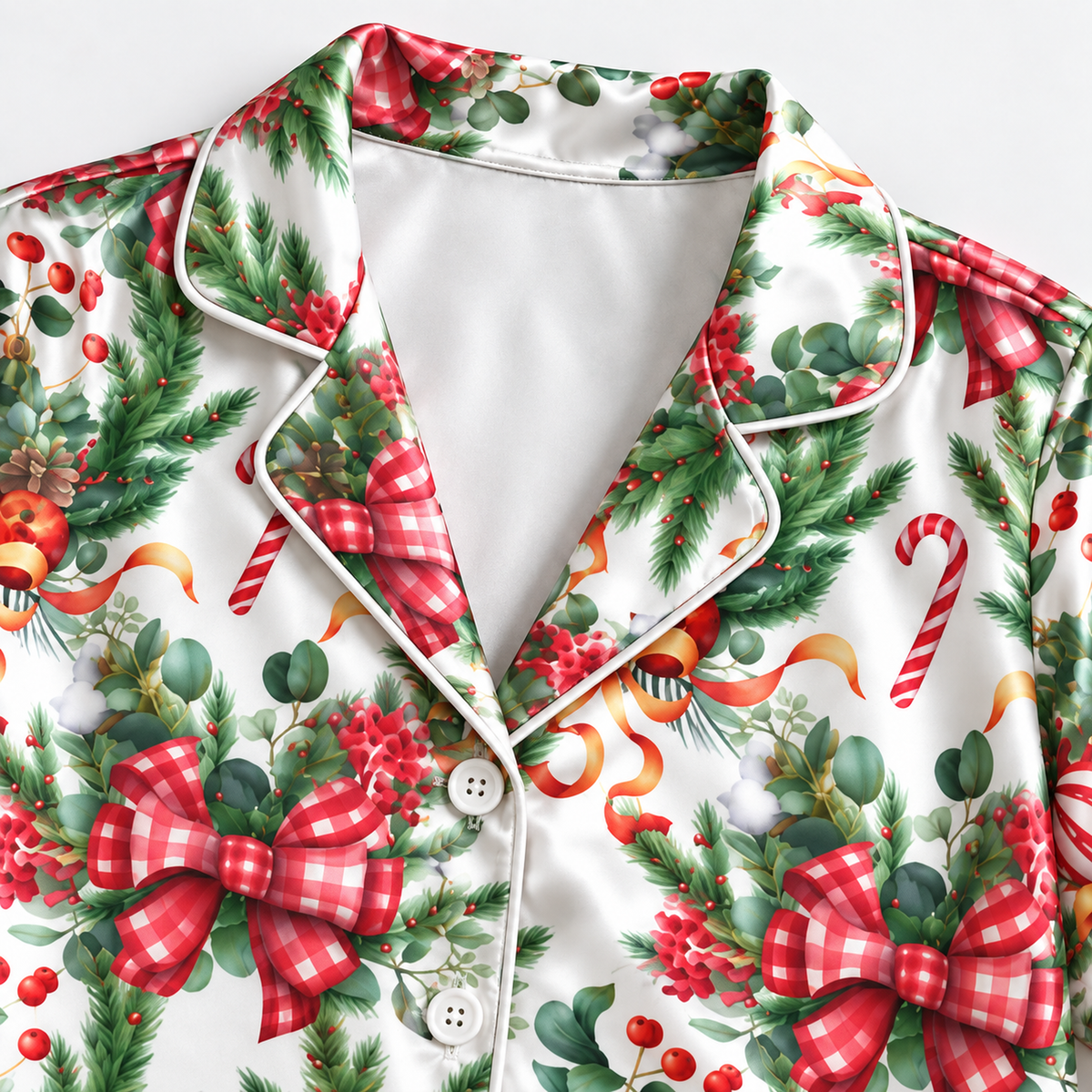 PJ-M2177-Christmas Bow Satin Pajama Set, Candy Cane Holly Pine Ornament Festive Holiday Sleepwear