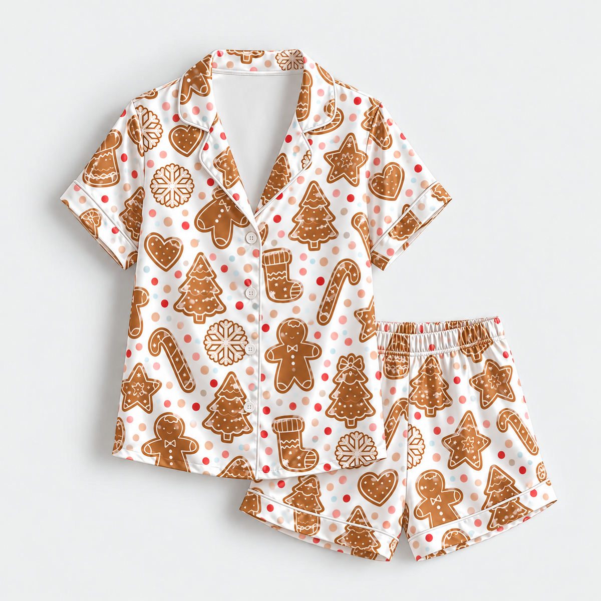 PJ-M2178-Gingerbread Christmas Satin Pajama Set, Cookie Tree Candy Cane Festive Holiday Sleepwear