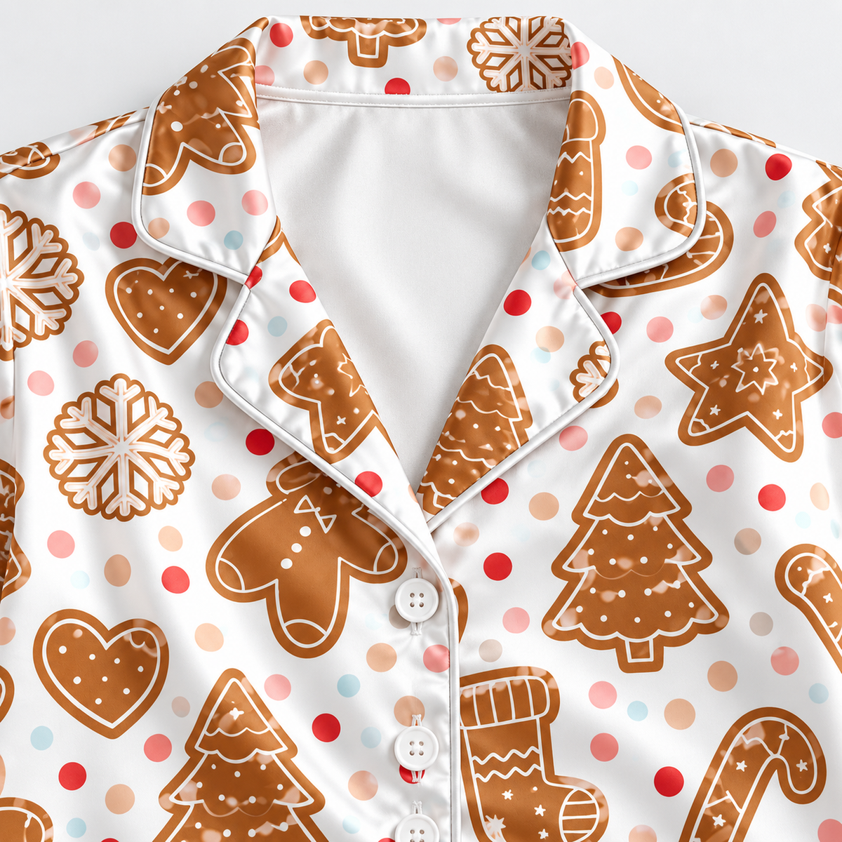 PJ-M2178-Gingerbread Christmas Satin Pajama Set, Cookie Tree Candy Cane Festive Holiday Sleepwear