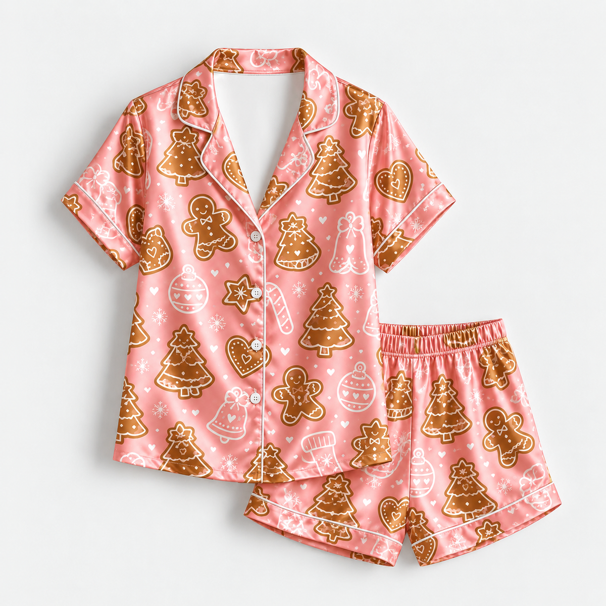 PJ-M2179-Pink Gingerbread Christmas Satin Pajama Set, Cookie Tree Ornament Festive Holiday Sleepwear