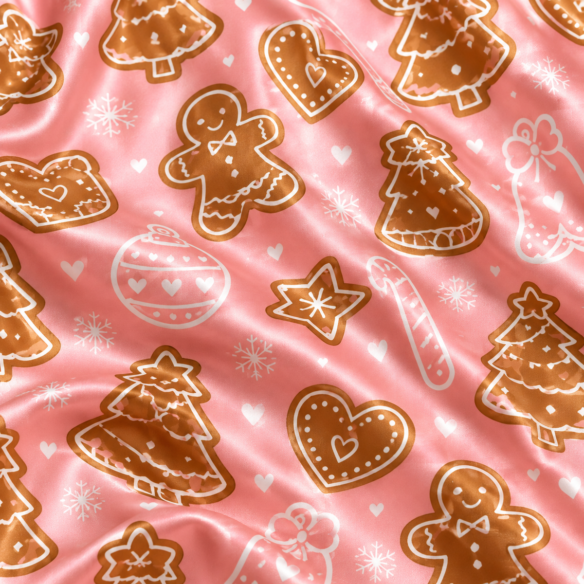 PJ-M2179-Pink Gingerbread Christmas Satin Pajama Set, Cookie Tree Ornament Festive Holiday Sleepwear