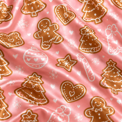 PJ-M2179-Pink Gingerbread Christmas Satin Pajama Set, Cookie Tree Ornament Festive Holiday Sleepwear