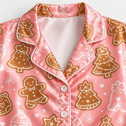 PJ-M2179-Pink Gingerbread Christmas Satin Pajama Set, Cookie Tree Ornament Festive Holiday Sleepwear