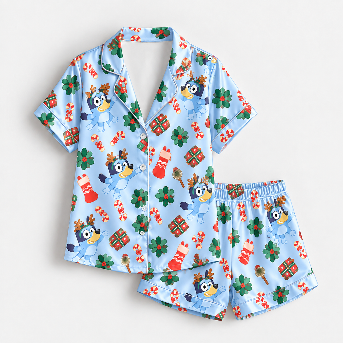 PJ-M2180-Bluey Christmas Reindeer Satin Pajama Set, Festive Cartoon Holiday Sleepwear Gift