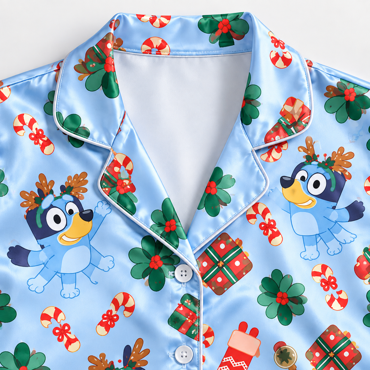 PJ-M2180-Bluey Christmas Reindeer Satin Pajama Set, Festive Cartoon Holiday Sleepwear Gift