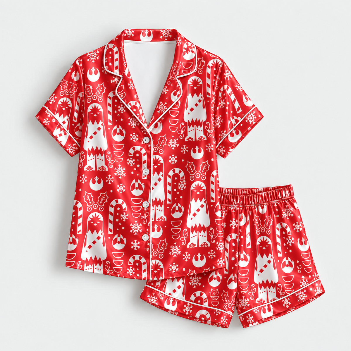PJ-M2181-Red Holiday Space Satin Pajama Set, Candy Cane Snowflake Winter Festive Christmas Sleepwear