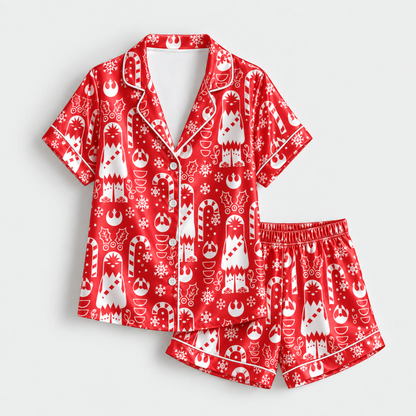 PJ-M2181-Red Holiday Space Satin Pajama Set, Candy Cane Snowflake Winter Festive Christmas Sleepwear