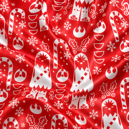 PJ-M2181-Red Holiday Space Satin Pajama Set, Candy Cane Snowflake Winter Festive Christmas Sleepwear