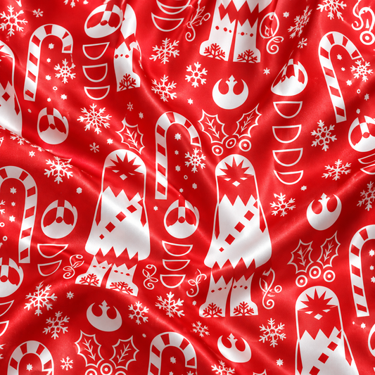 PJ-M2181-Red Holiday Space Satin Pajama Set, Candy Cane Snowflake Winter Festive Christmas Sleepwear