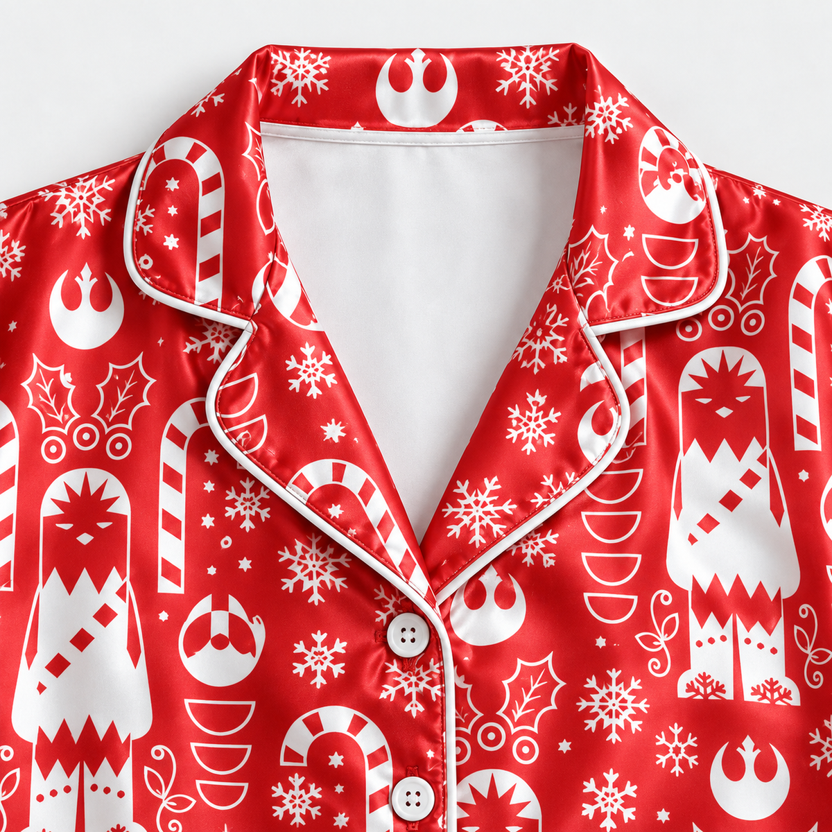 PJ-M2181-Red Holiday Space Satin Pajama Set, Candy Cane Snowflake Winter Festive Christmas Sleepwear