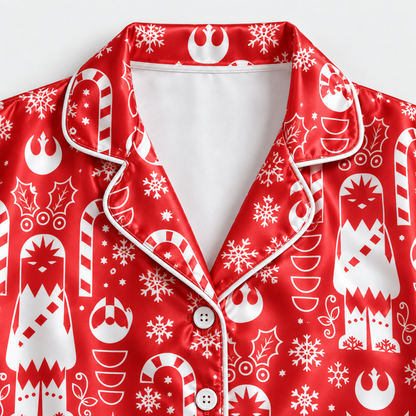PJ-M2181-Red Holiday Space Satin Pajama Set, Candy Cane Snowflake Winter Festive Christmas Sleepwear