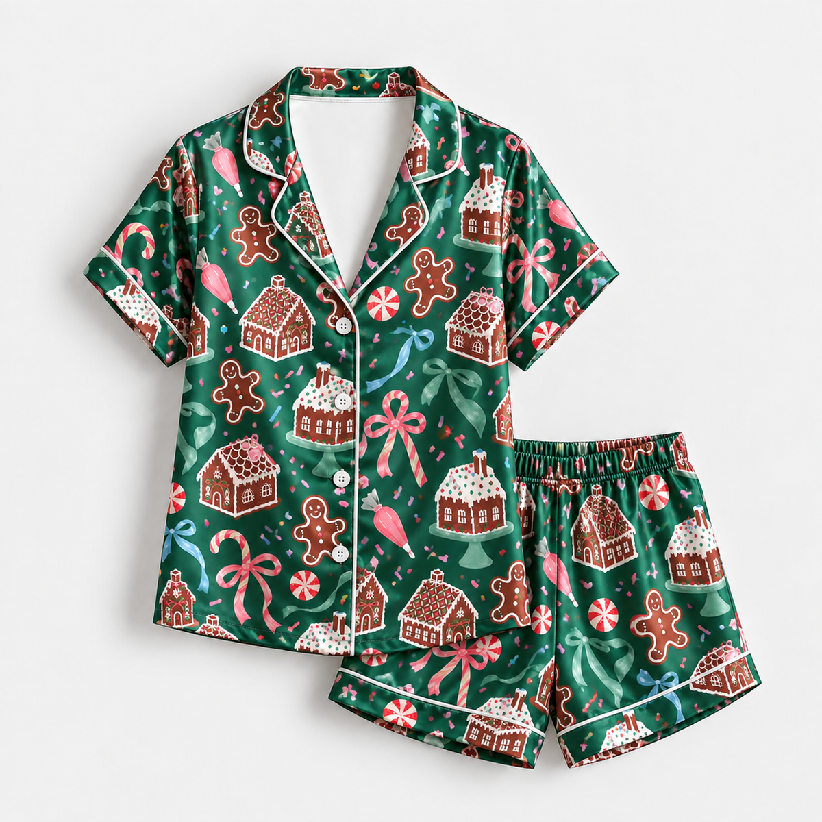 PJ-M2183-Gingerbread Christmas Satin Pajama Set, Candy Cane Gingerbread House Peppermint Festive Holiday Sleepwear