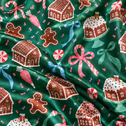 PJ-M2183-Gingerbread Christmas Satin Pajama Set, Candy Cane Gingerbread House Peppermint Festive Holiday Sleepwear