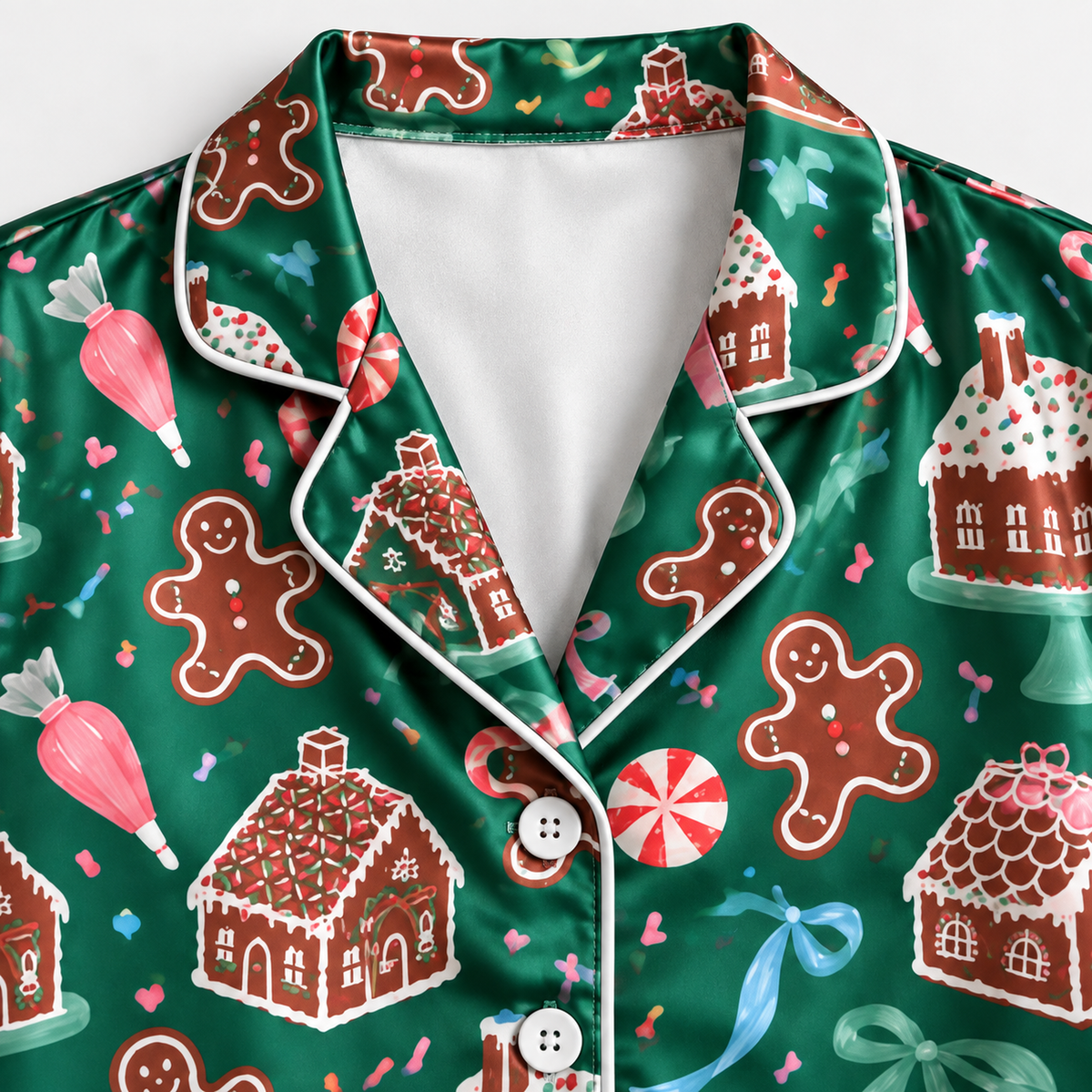 PJ-M2183-Gingerbread Christmas Satin Pajama Set, Candy Cane Gingerbread House Peppermint Festive Holiday Sleepwear
