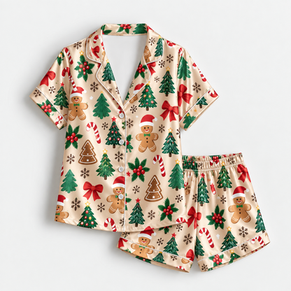 PJ-M2184-Gingerbread Christmas Satin Pajama Set, Candy Cane Tree Bow Holly Festive Holiday Sleepwear