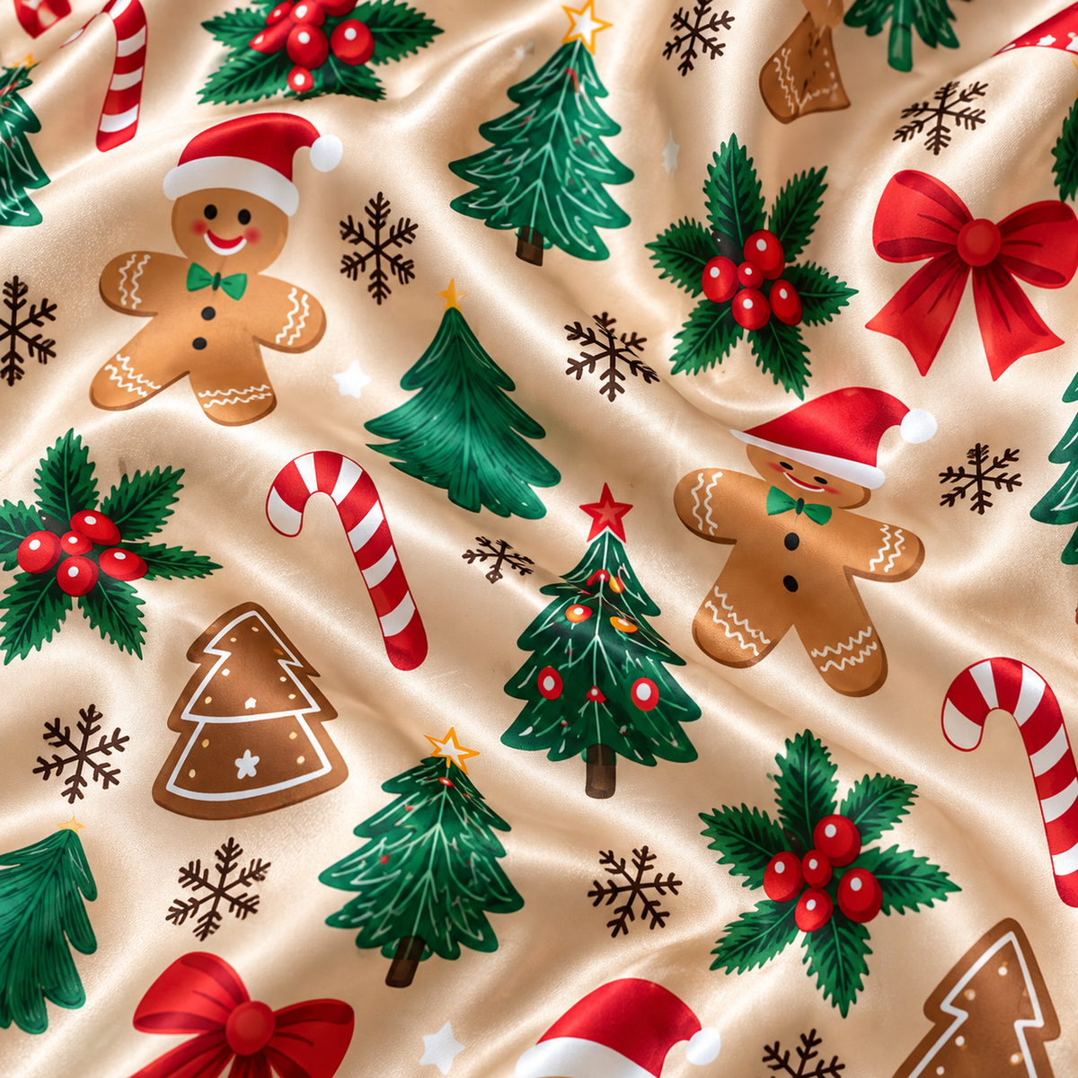 PJ-M2184-Gingerbread Christmas Satin Pajama Set, Candy Cane Tree Bow Holly Festive Holiday Sleepwear