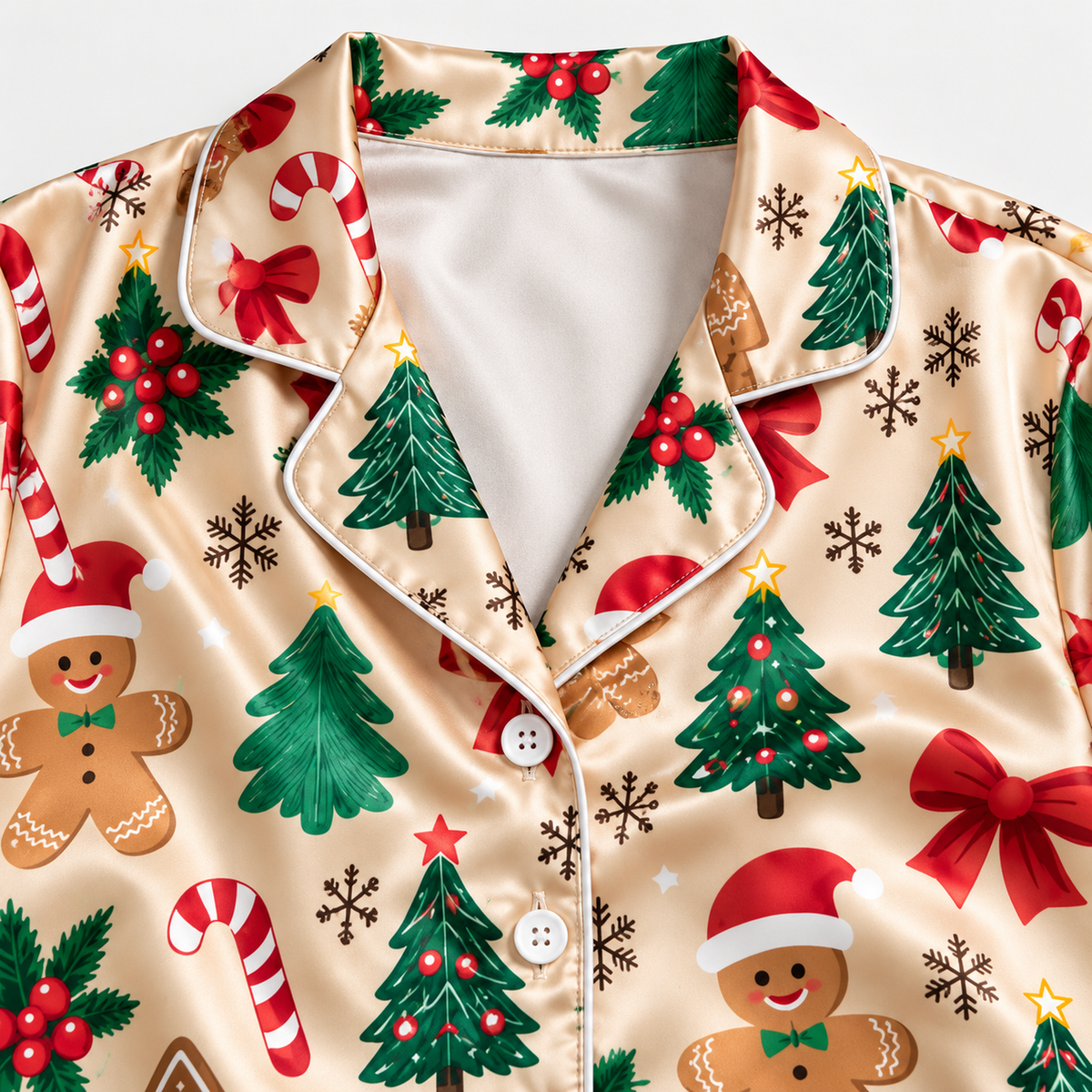 PJ-M2184-Gingerbread Christmas Satin Pajama Set, Candy Cane Tree Bow Holly Festive Holiday Sleepwear