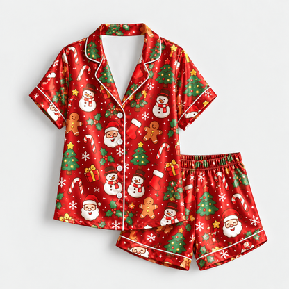 PJ-M2185-Red Christmas Satin Pajama Set, Santa Snowman Gingerbread Tree Candy Cane Festive Sleepwear