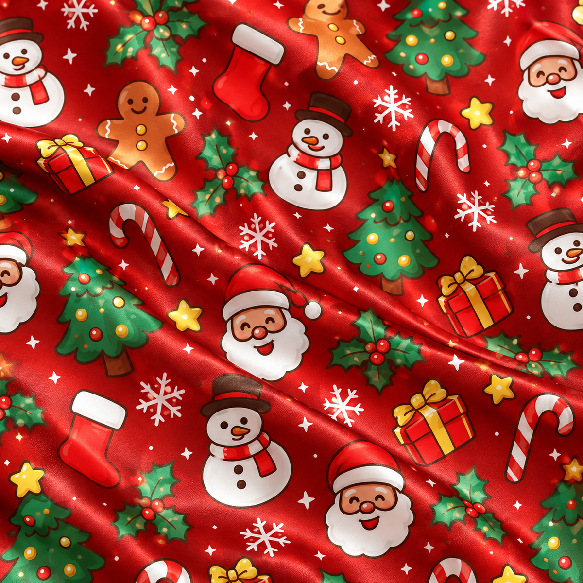 PJ-M2185-Red Christmas Satin Pajama Set, Santa Snowman Gingerbread Tree Candy Cane Festive Sleepwear