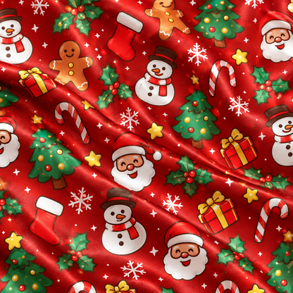 PJ-M2185-Red Christmas Satin Pajama Set, Santa Snowman Gingerbread Tree Candy Cane Festive Sleepwear