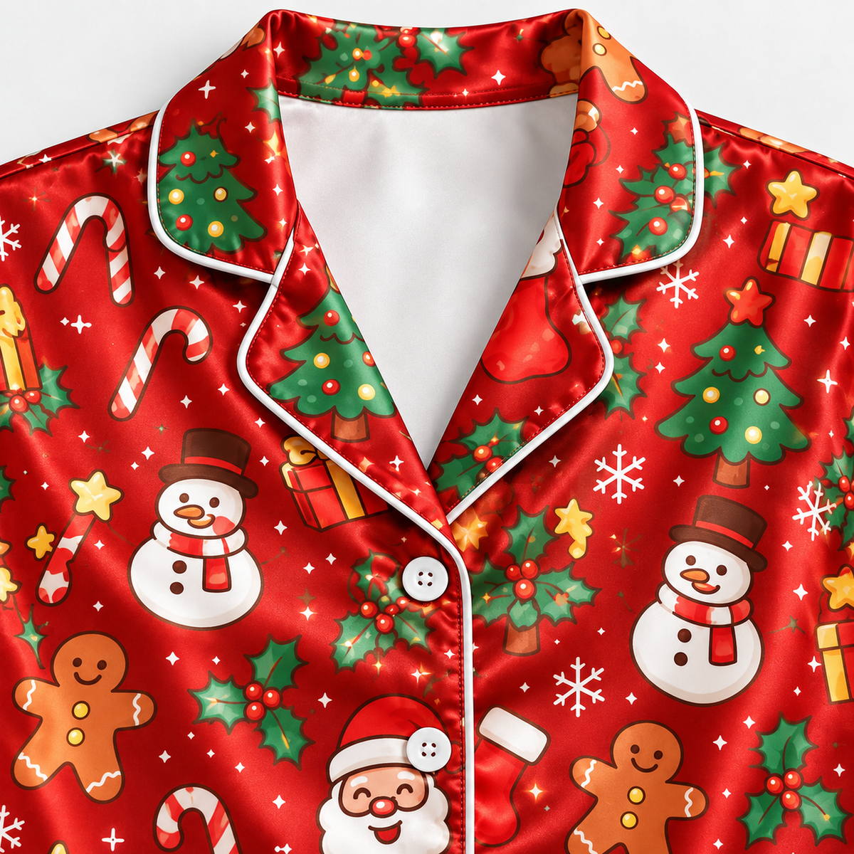 PJ-M2185-Red Christmas Satin Pajama Set, Santa Snowman Gingerbread Tree Candy Cane Festive Sleepwear