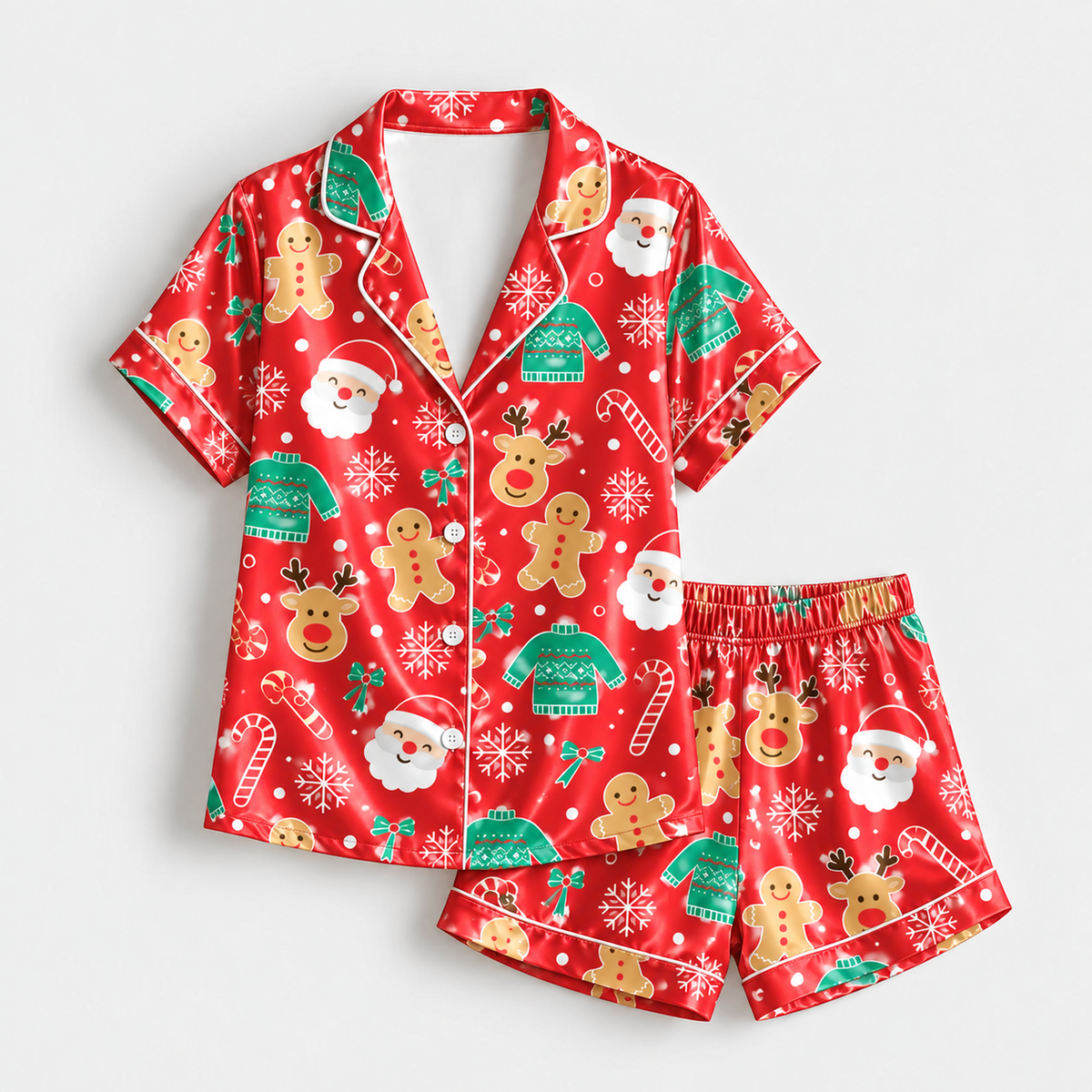PJ-M2186-Red Christmas Satin Pajama Set, Santa Reindeer Gingerbread Sweater Candy Cane Holiday Sleepwear