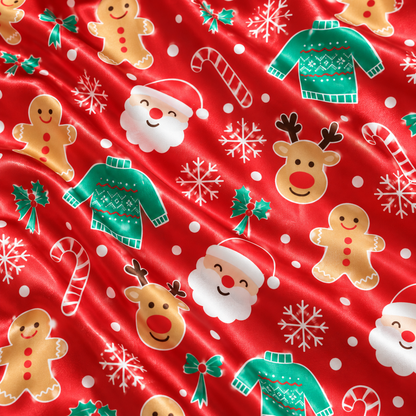 PJ-M2186-Red Christmas Satin Pajama Set, Santa Reindeer Gingerbread Sweater Candy Cane Holiday Sleepwear