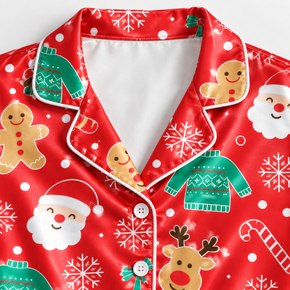 PJ-M2186-Red Christmas Satin Pajama Set, Santa Reindeer Gingerbread Sweater Candy Cane Holiday Sleepwear
