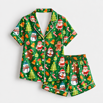 PJ-M2187-Green Christmas Satin Pajama Set, Santa Snowman Reindeer Gingerbread Tree Festive Holiday Sleepwear