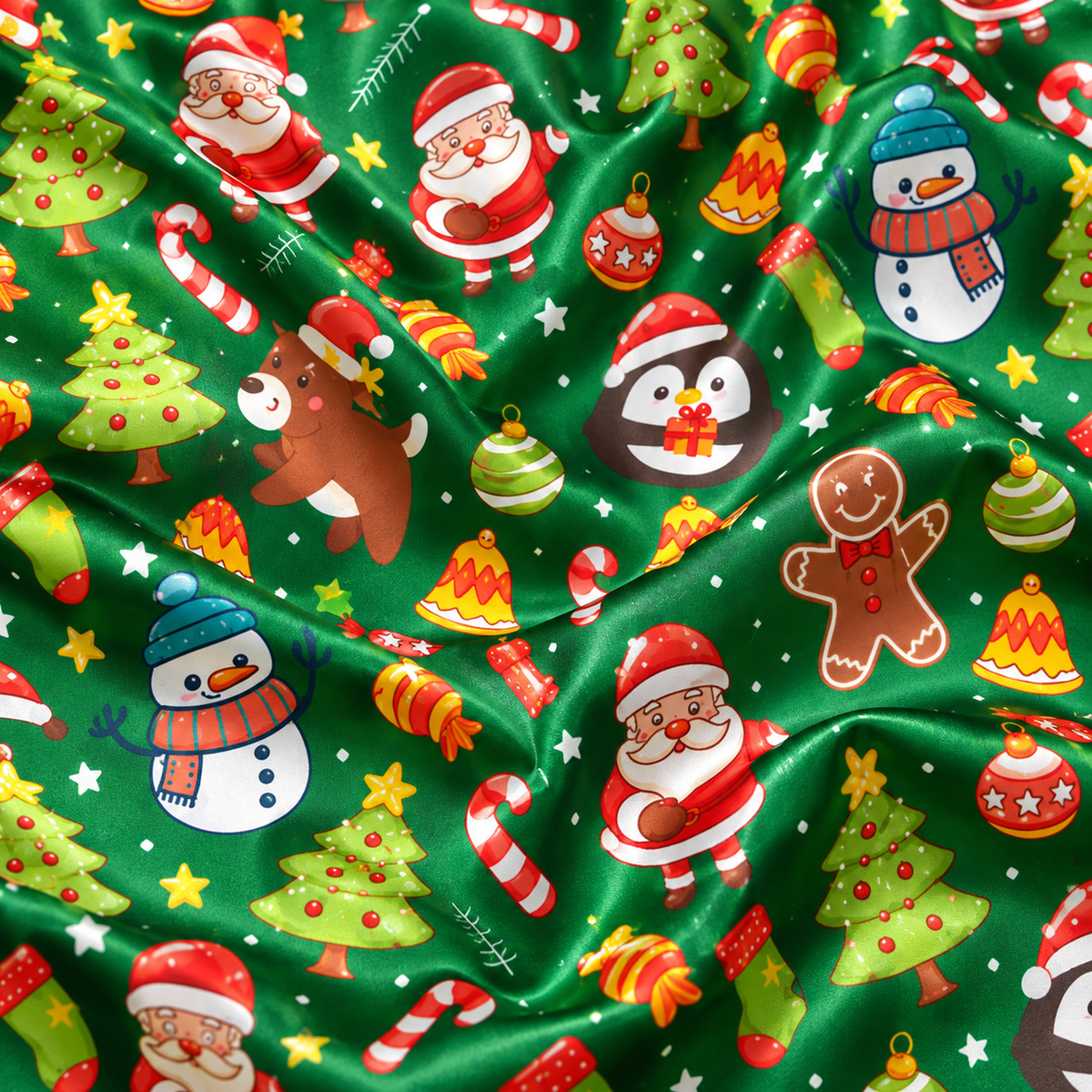 PJ-M2187-Green Christmas Satin Pajama Set, Santa Snowman Reindeer Gingerbread Tree Festive Holiday Sleepwear
