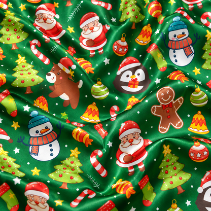PJ-M2187-Green Christmas Satin Pajama Set, Santa Snowman Reindeer Gingerbread Tree Festive Holiday Sleepwear