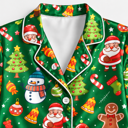 PJ-M2187-Green Christmas Satin Pajama Set, Santa Snowman Reindeer Gingerbread Tree Festive Holiday Sleepwear