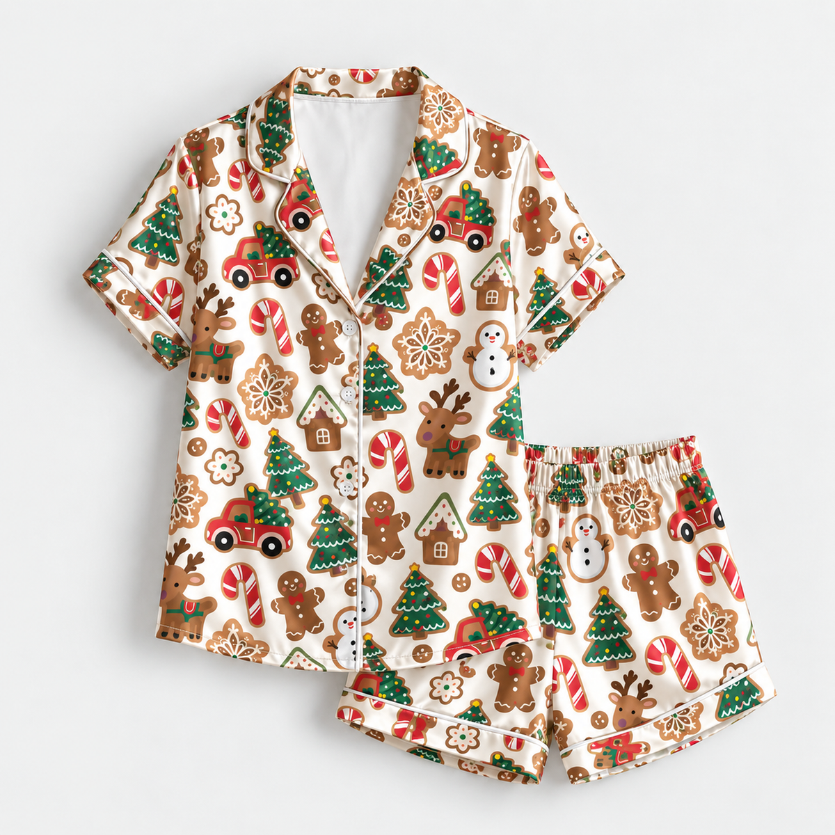 PJ-M2188-Gingerbread Christmas Satin Pajama Set with Reindeer Trees Candy Canes Snowmen Trucks and Festive Holiday Cookie Pattern for Cozy Sleepwear