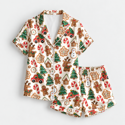 PJ-M2188-Gingerbread Christmas Satin Pajama Set with Reindeer Trees Candy Canes Snowmen Trucks and Festive Holiday Cookie Pattern for Cozy Sleepwear