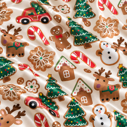 PJ-M2188-Gingerbread Christmas Satin Pajama Set with Reindeer Trees Candy Canes Snowmen Trucks and Festive Holiday Cookie Pattern for Cozy Sleepwear