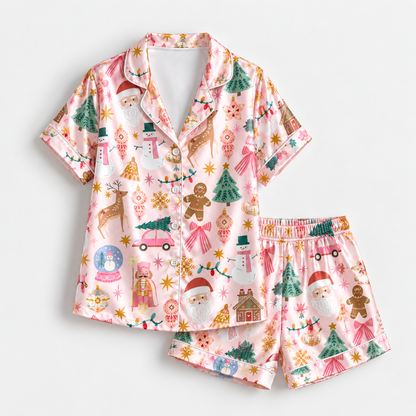 PJ-M2189-Pink Christmas Satin Pajama Set with Santa Snowmen Reindeer Gingerbread Trees and Festive Holiday Pattern for Cozy Sleepwear