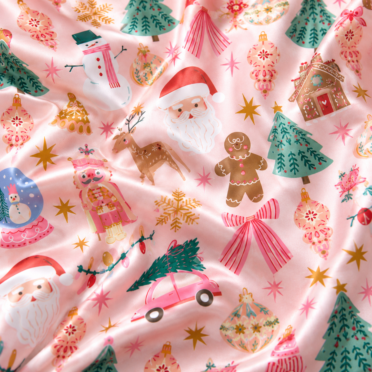 PJ-M2189-Pink Christmas Satin Pajama Set with Santa Snowmen Reindeer Gingerbread Trees and Festive Holiday Pattern for Cozy Sleepwear