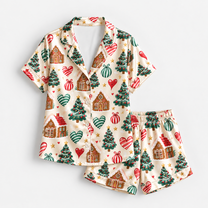 PJ-M2190-Gingerbread House Christmas Satin Pajama Set with Decorated Trees Heart Ornaments and Festive Holiday Pattern for Cozy Sleepwear