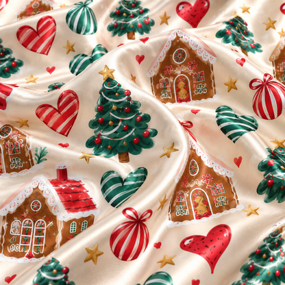 PJ-M2190-Gingerbread House Christmas Satin Pajama Set with Decorated Trees Heart Ornaments and Festive Holiday Pattern for Cozy Sleepwear