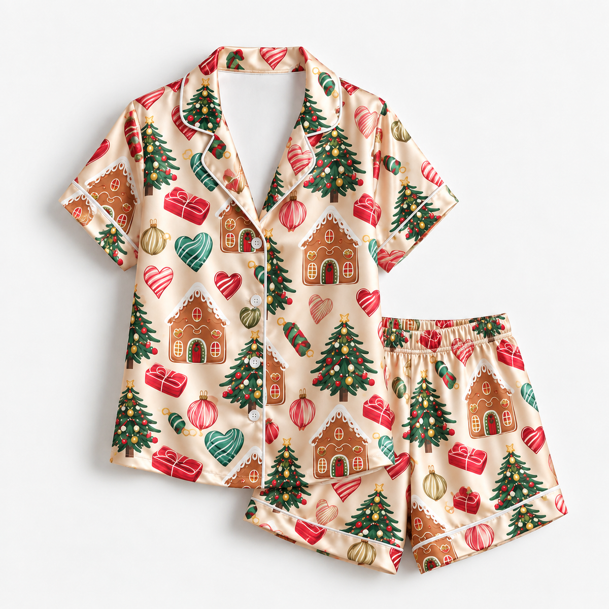 PJ-M2191-Gingerbread House Christmas Satin Pajama Set with Decorated Trees Gifts Ornaments and Festive Holiday Pattern for Cozy Sleepwear