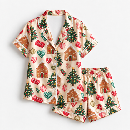 PJ-M2191-Gingerbread House Christmas Satin Pajama Set with Decorated Trees Gifts Ornaments and Festive Holiday Pattern for Cozy Sleepwear