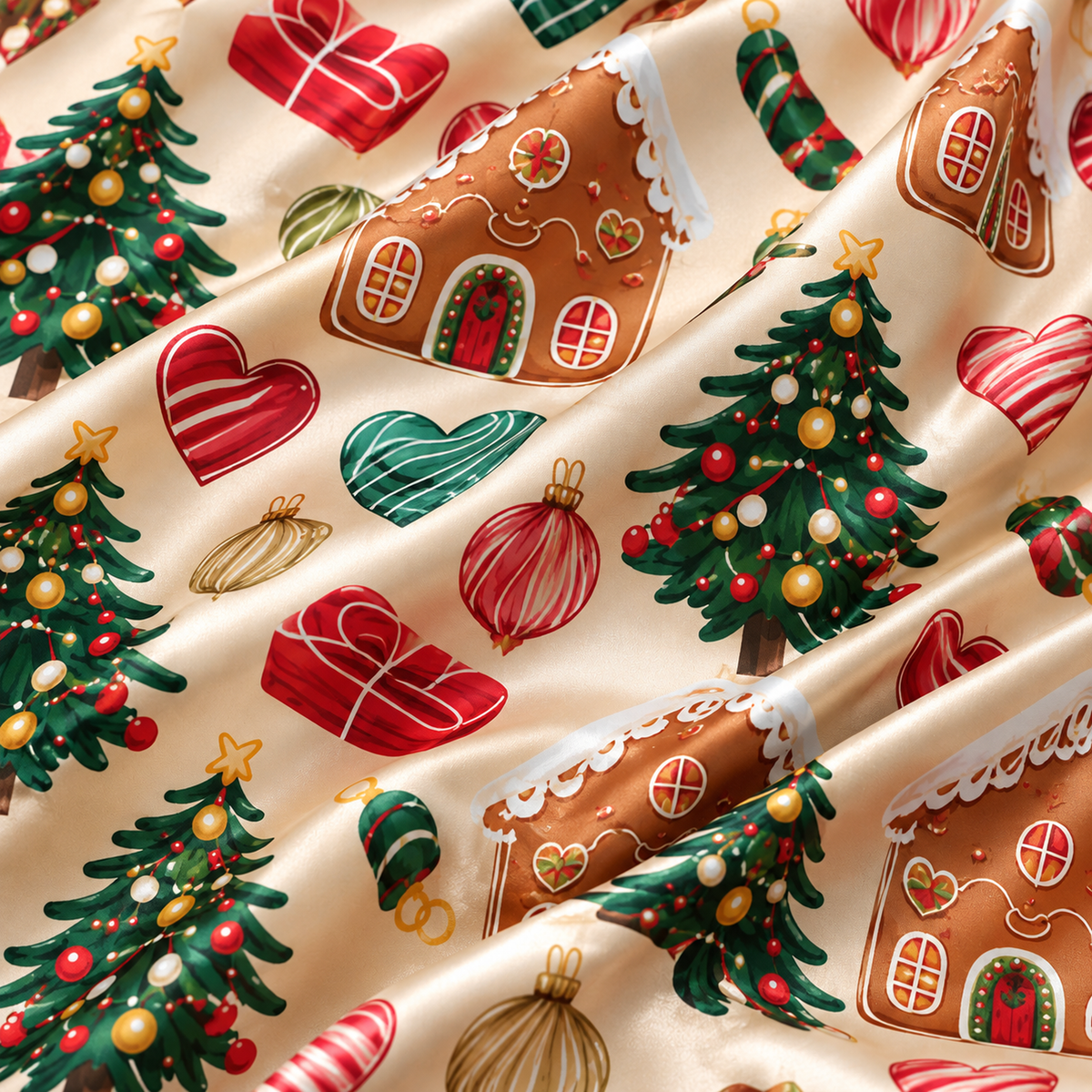 PJ-M2191-Gingerbread House Christmas Satin Pajama Set with Decorated Trees Gifts Ornaments and Festive Holiday Pattern for Cozy Sleepwear