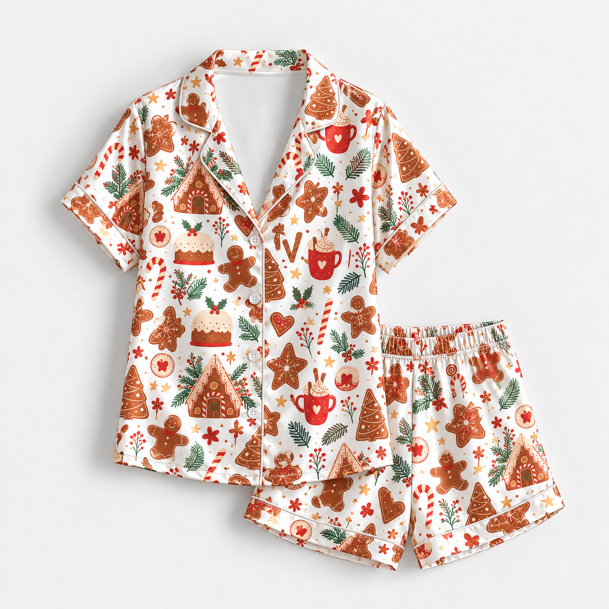 PJ-M2192-Gingerbread Christmas Satin Pajama Set with Cookies Houses Candy Canes Cocoa and Festive Holiday Treat Pattern for Cozy Sleepwear