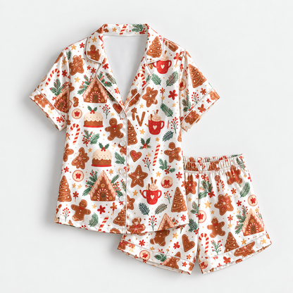 PJ-M2192-Gingerbread Christmas Satin Pajama Set with Cookies Houses Candy Canes Cocoa and Festive Holiday Treat Pattern for Cozy Sleepwear
