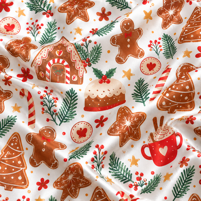 PJ-M2192-Gingerbread Christmas Satin Pajama Set with Cookies Houses Candy Canes Cocoa and Festive Holiday Treat Pattern for Cozy Sleepwear