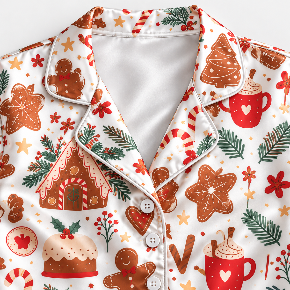 PJ-M2192-Gingerbread Christmas Satin Pajama Set with Cookies Houses Candy Canes Cocoa and Festive Holiday Treat Pattern for Cozy Sleepwear