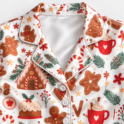 PJ-M2192-Gingerbread Christmas Satin Pajama Set with Cookies Houses Candy Canes Cocoa and Festive Holiday Treat Pattern for Cozy Sleepwear